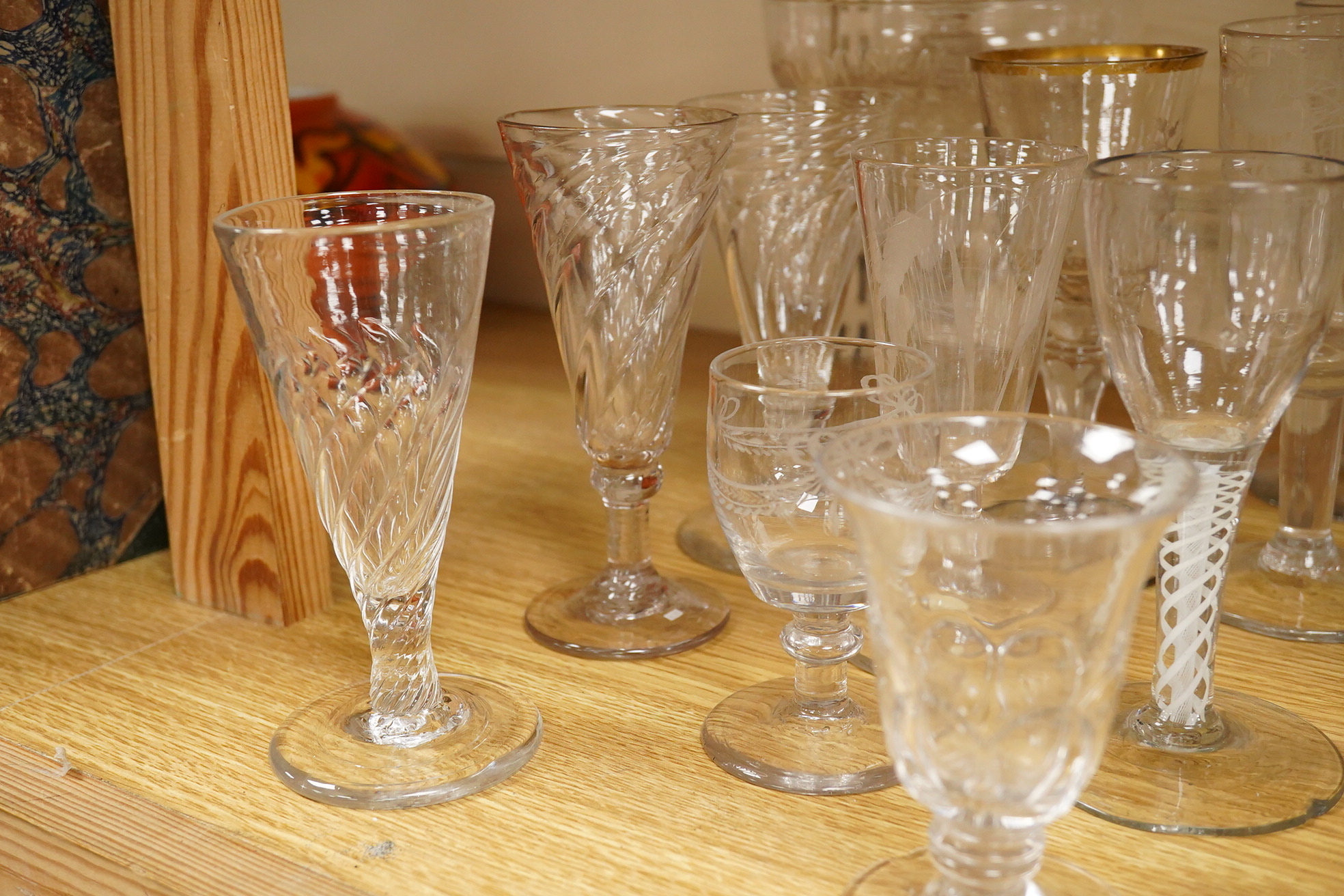 Eighteen various Georgian and later wine glasses, and a Bristol Music Festival goblet, latter 16cm